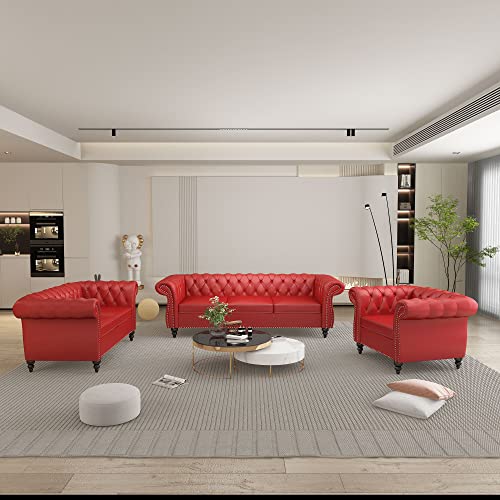 Image of QHITTY 3 Piece Living Room Set, Sectional Chesterfield Sofa Chair Contemporary Upholstered Leather Loveseat Couch Sets for Living Room, Bedroom, Office