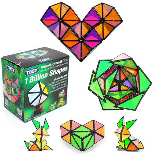 TOSY Magnet Pyramid Glow - 1 Cube Transforms into 1 Billion Shapes (Bunny, Egg Basket, Flowers, Heart), Easter Valentine Gift, 12 pcs, 243 Magnets, Glowing, Holographic Design, Puzzle/STEM Toy