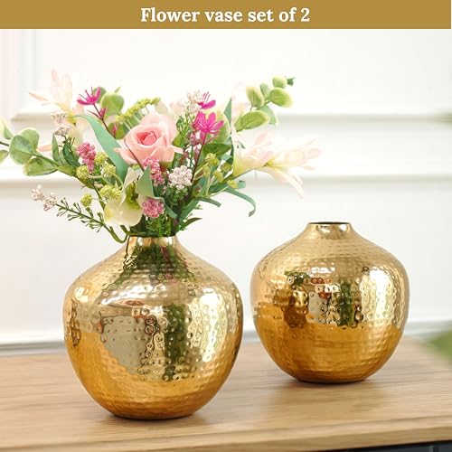 Image of BEHOMA Metal Hammered Flower Vase Set of, Golden - Set of 2 | Hammered Metal flower vase in Golden - for fresh or artificial flower displays for bedroom - great wedding gift (Set of 2)