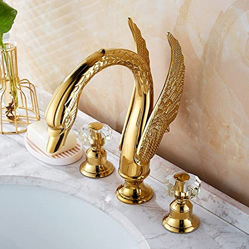 Mezclador de lavabo de lujo en latón macizo con acabado dorado y silueta de cisne alta