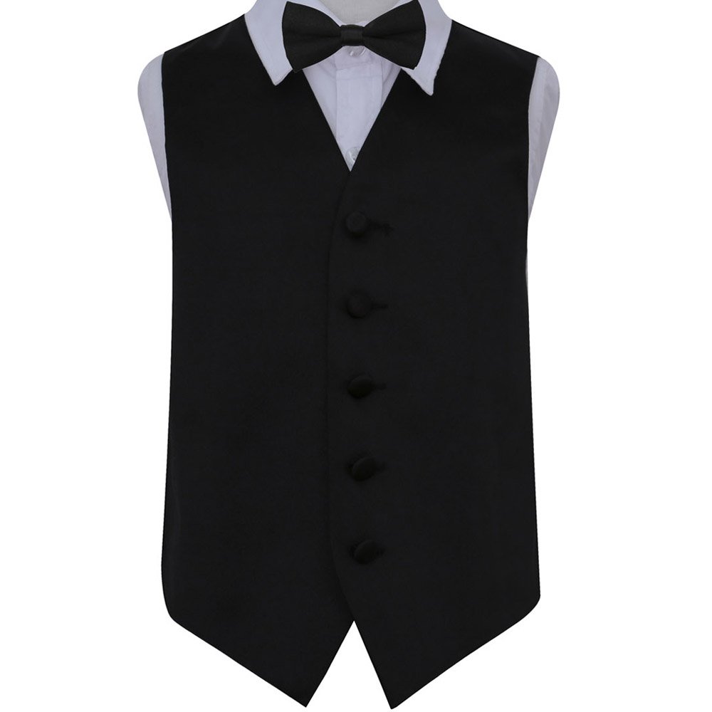 DQT Boys Plain Satin Waistcoat & Pre-Tied Bow Tie Set (2pc) - Wedding Pageboy Formal Vest - Black 7-8 Years (28")