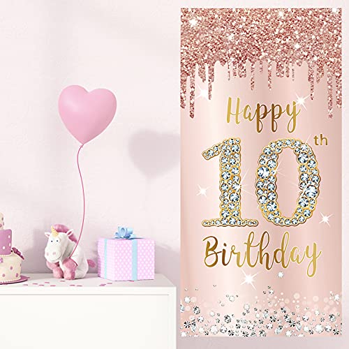 Image of Happy 10th Birthday Door Banner Backdrop Decorations, Pink Rose Gold 10 Year Old Birthday Party Door Cover Sign Supplies, Large Ten Birthday Poster Background Photo Booth Props Decor