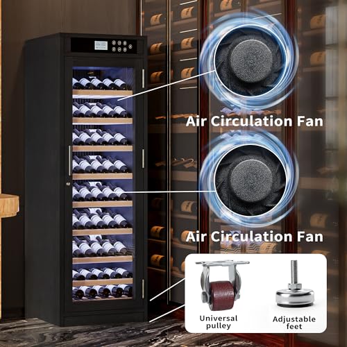 Image of KEIKI Freestanding Wine Refrigerator with Wood Cabinet, 102 Bottle Single Zone Wine Cooler, Humidity Control Tempered Glass Door, LED Light Lockable Pull-Out Shelves, for Home Bar Kitchen, Black