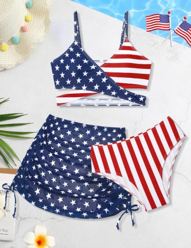 Image of Girls Swimsuits 3 Piece Bathing Suit Allover Printed Criss Cross Bikini Set with Cover Up Skirt Beach Swimwear 7-16 Years