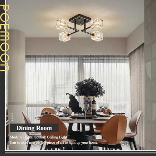 Image of Black Gold Sputnik Chandeliers Industrial 18 inch Crystal Semi Flush Mount Ceiling Light Fixture 4-Light Modern Chandelier for Hallway Entryway Kitchen Bedroom Dining Room