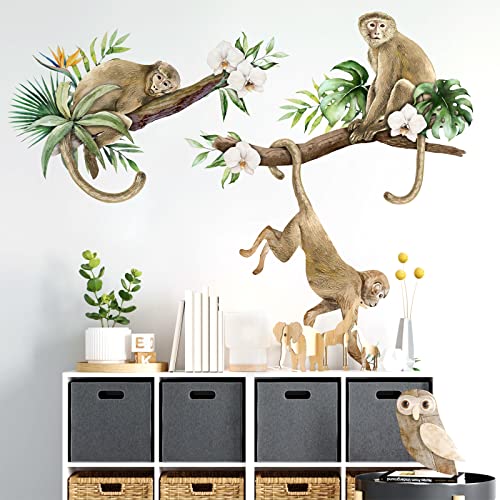Image of Mfault Monkey Climbing Tree Wall Decals Stickers, Jungle Animals Nursery Decorations Baby Boys Girls Bedroom Art, Kids Toddlers Room Playroom Classroom Daycare Decor