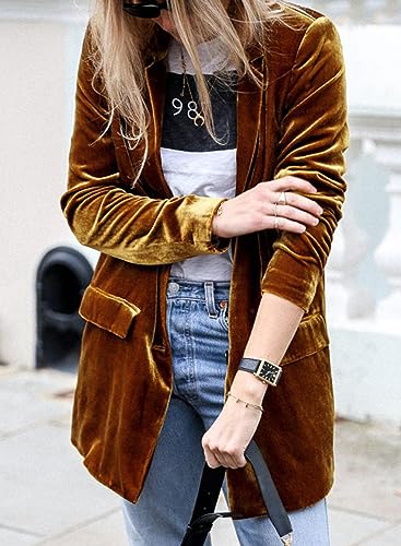 futurino Women's Solid Color Long Sleeve Velvet Jacket Open Front Casual Suit Cardigan Mid-Length Coat3