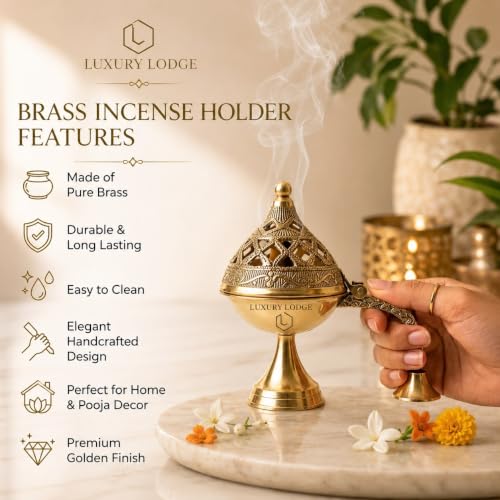 Image of 𝐋𝐔𝐗𝐔𝐑𝐘 𝐋𝐎𝐃𝐆𝐄 Brass Dhoop Holder | Incense Burner | Loban Dani | Dhoop Dani |Brass Loban Dhoop Dani | Dhoop Dani Stand Burner for Puja- 5 inches.