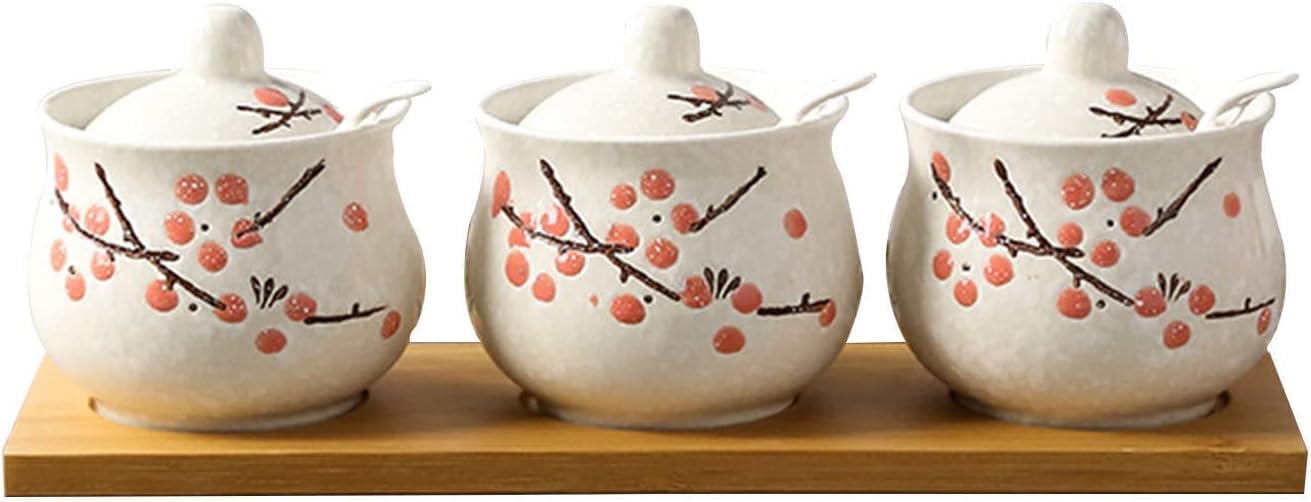 Boîtes alimentaires, sucrier, pots à épices, sucrier en fleur de prunier de style chinois avec couvercle et cuillère, pot à sucre, pot à épices, pot à sel, boîte d'assaisonnement, rose, ensemble de 3