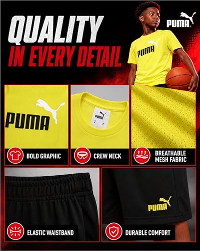 Image of PUMA Boys Short Set - 2 Piece Short Sleeve Crewneck Performance Graphic Tees and Athletic Mesh Shorts for Boys (Sizes: 4-16)
