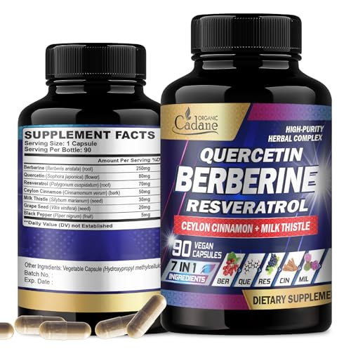 Organic Cadane 7in1 Pure Berberine Supplement with Quercetin, Ceylon Cinnamon, Resveratrol, Milk Thistle, Grape Seed, and Black Pepper - 90 Capsules for 3-Month Supply - Immunity Health Support