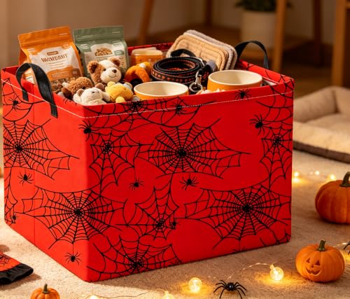 Image of Rectangle Storage Basket,Cute Organizer,Gift Basket,Room Decor(Red Spiderweb)