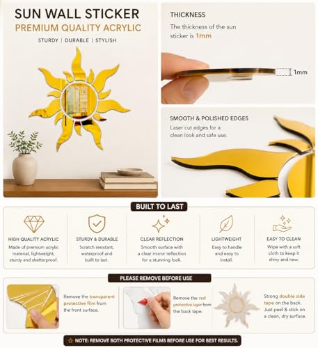 Image of Golden Sun Mirror Wall Stickers | 3D Acrylic Sunburst Mirror Sticker for Wall Decoration | Self Adhesive DIY Mirror Decals for Living Room Bedroom Hall Kitchen (Pack of 1)