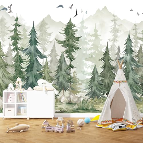 HLNIUC Kids Room Green Forest Wallpaper, Watercolor Woodland Wall Mural, Jungle Green Mountain Mural for Nursery Room, Bedroom, Offices - 161" W x 108" H (Not Peel and Stick)