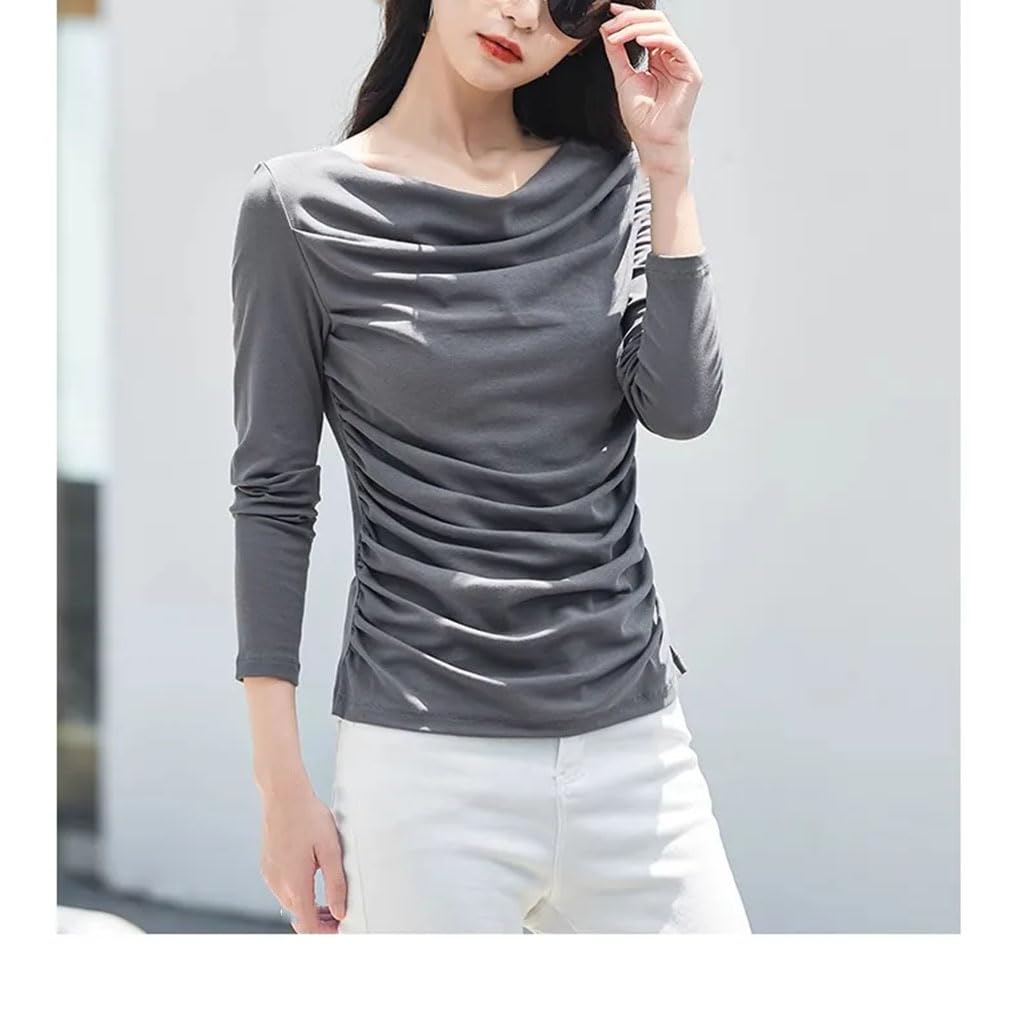 Camiseta de manga larga para mujer, cuello redondo, color liso, estilo clásico, plegable, para oficina