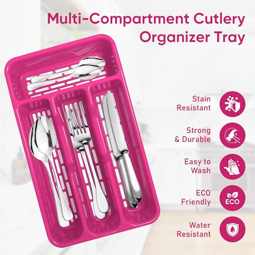 Small Tier Cutlery Tray Classic in Fuchsia | BPA Free Plastic Drawer Organizer with 4 Compartments | Durable Kitchen Storage for Spoons Forks Knives Kids Cutlery | Space Saving Design - Image 3