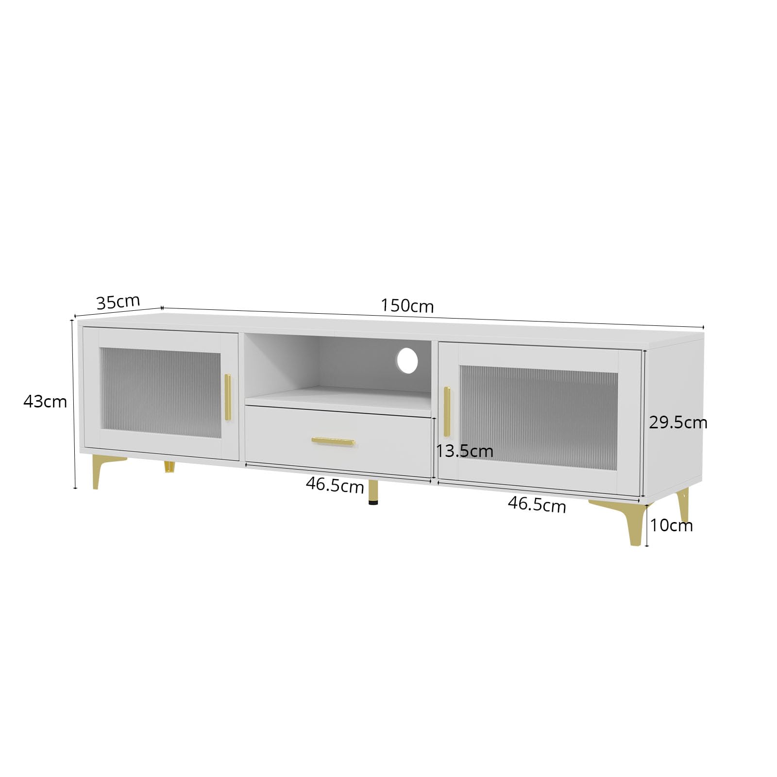 VOWNER Mobile TV, TV Basso fino a 65", Mobile TV con Vano Portaoggetti Aperto, Tavolo TV con Cassetti, Adatto per Coggiorno e Camera da Letto, 150 x 35 x 43 cm, Bianco