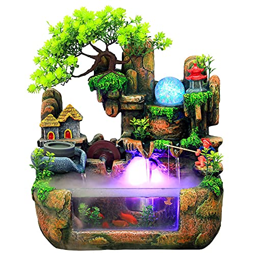 TFCFL Desktop Fountain Waterfall with Rockery & LED Colorful Lights, Mini Indoor Silent 12LED Relaxation Resin Ornament Zen Meditation Simulation Bonsai for Office Home Desk Decoration US Plug 110V