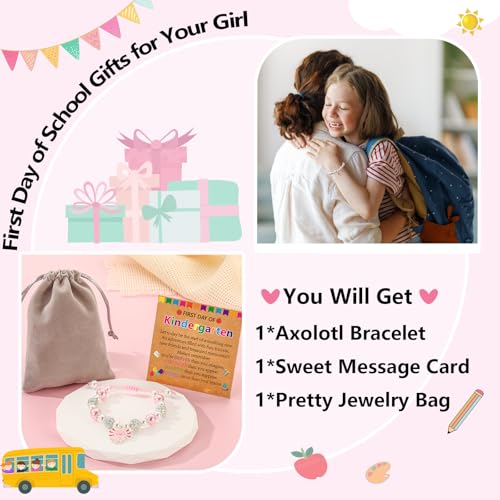Back to School First Day of Kindergarten Bracelets Gifts Stuff for Girls Kids, Adjustable Axolotl Charm Pearl Bracelet Jewelry Gifts for Daughter Granddaughter