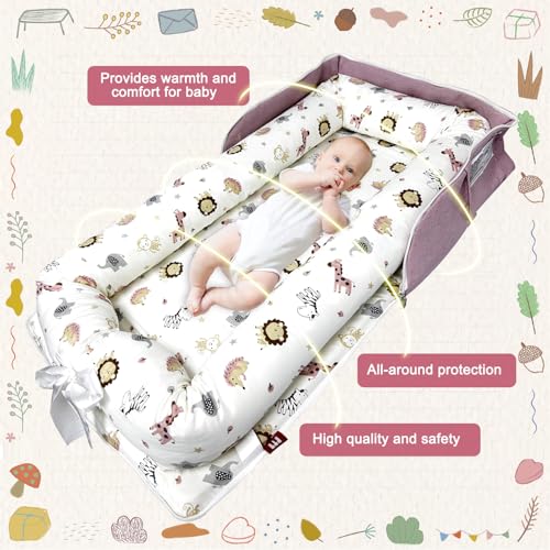 Image of Baby Lounger, Foldable Portable Infant Lounger, Baby Nest Cover, Suitable for 0-24 Months Newborn Baby Lounger,Home Travel Dual-Purpose Baby Nest（Pink Zoo）