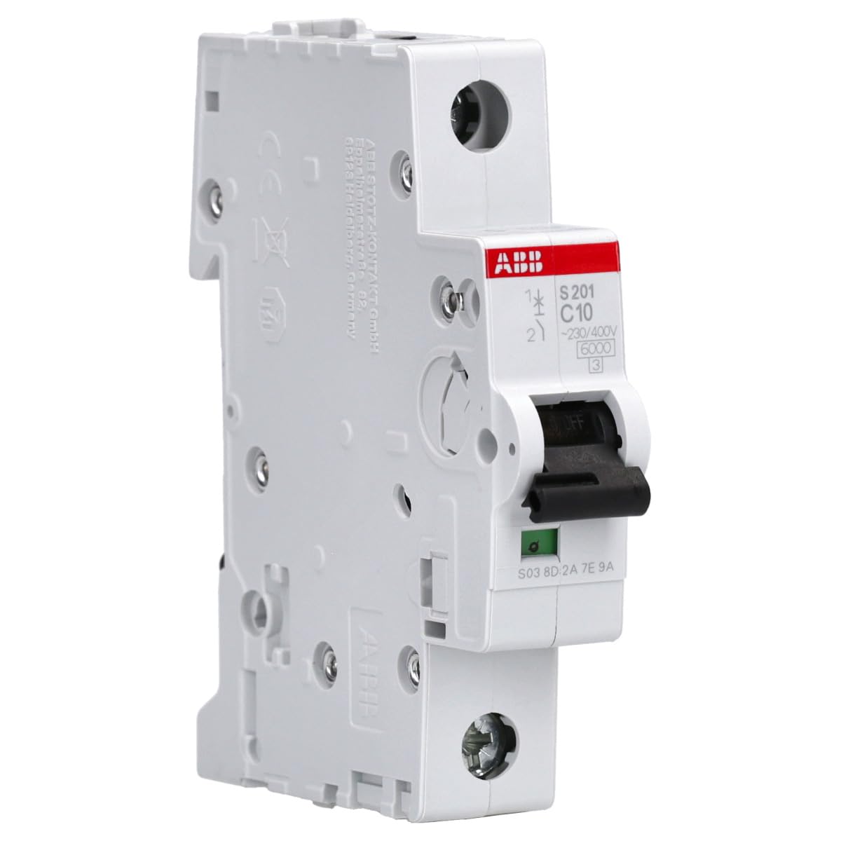 ABB S201-C10 Miniature Circuit Breaker, 1 Pole, Type C, 6/10kA Breaking Capacity, 10 Amp Current (2CDS251001R0104)