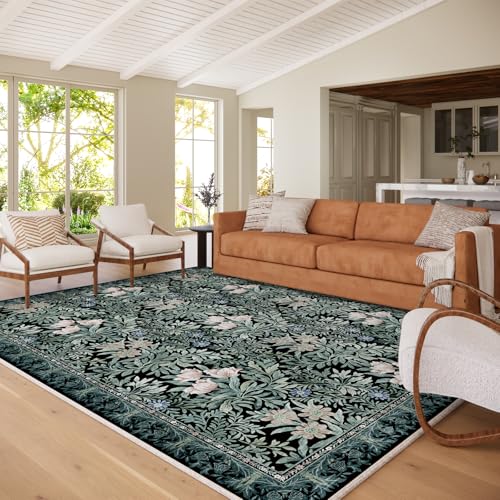 Image of Washable Area Rugs 8x10 Black Green Vintage Floral Botanical Pattern,Perfect for Living Room, Bedroom, Kids Room, Nursery - Stain & Water Resistant Non-Slip, Pet & Child Friendly /Bedroom Decor