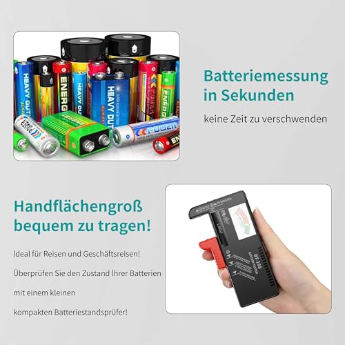 Dlyfull Batterietester – Batterie Tester für AA, AAA, C, D, 9V & 1.5V Knopfzellen – Akku Tester & Batterieprüfgerät ohne Strom – Präzises Batterie Messgerät für Haushalt & Profi (BT-168)