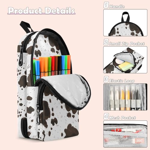 Image of ZAZYXTJ Cow Print Standing Large Capacity Pencil Case 3 Compartment Pen Pouch Storage Canvas Makeup Bag for School Office Teen Girl Boy Men Women