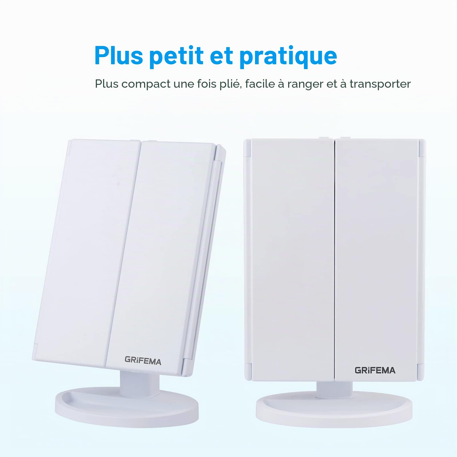 GRIFEMA GF1001W - Miroir lumineux 2X/3X pliable, rotation 180°, maquillage batterie/USB, interrupteur tactile, luminosité réglable, blanc