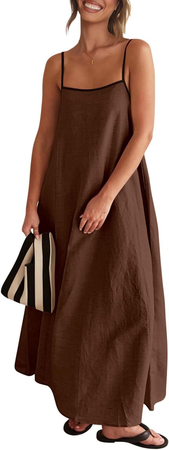 Women's 2024 Summer Maxi Dress Contrast Spaghetti Strap Beach Dress Backless Sleeveless Casual Linen Dresses