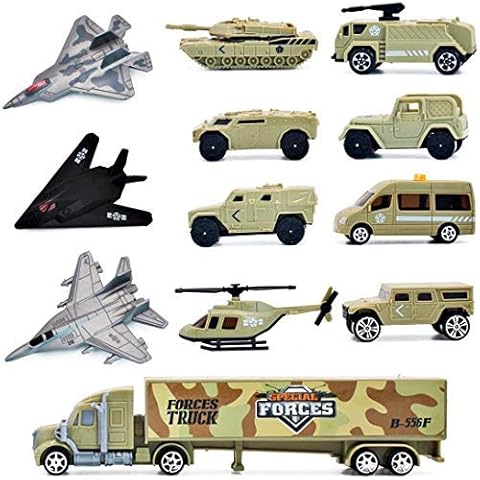 deAO 12 Pieces Special Forces Assorted Military Vehicles Scaled Army Toy Play Set-Stealth Bomber, Tank, Helicopter, Jets Cover