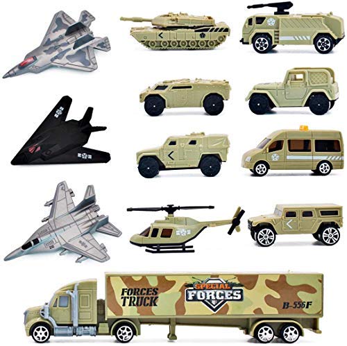 deAO Ensemble de Jouets de d’armée avec véhicules Militaires variés de l'armée, 12 pièces - Bombardier furtif, Char, hélicoptère, Jets et Plus! Cover