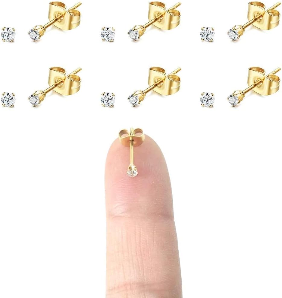 6 Pairs 14K Gold Plated 316L Surgical Steel Cartilage Piercing Tiny Stud Earrings 20G, Style Ball - Pearl - Cubic Zirconia - Disc, Color Gold - Silver - Rose Gold - Black, Diameter 1mm to 3mm…