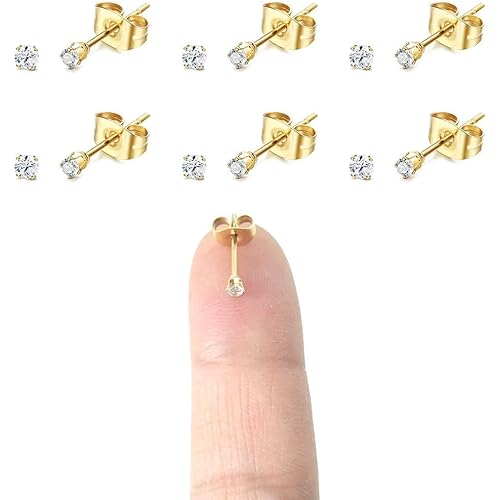 14K Gold Plating Tiny 2MM Cubic Zirconia Stud Earrings Minimal 20G Cartilage Piercing Ear Studs Smallest CZ Post Earrings for Women&Men