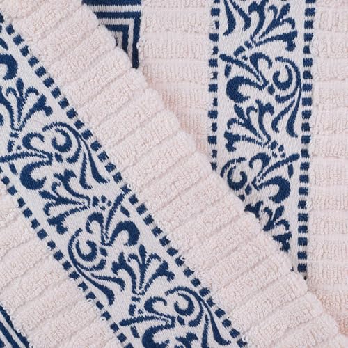 SUPERIOR Athens Cotton Bath Towel Set, Greek Key Floral Decor for Bathroom, Guest Bath, Spa, Resort, Home Essentials, Absorbent, Fluffy Medium Weight Towels, Includes; 4 Bath Towels, Ivory/Navy Blue by SUPERIOR - Used condition - Image 4