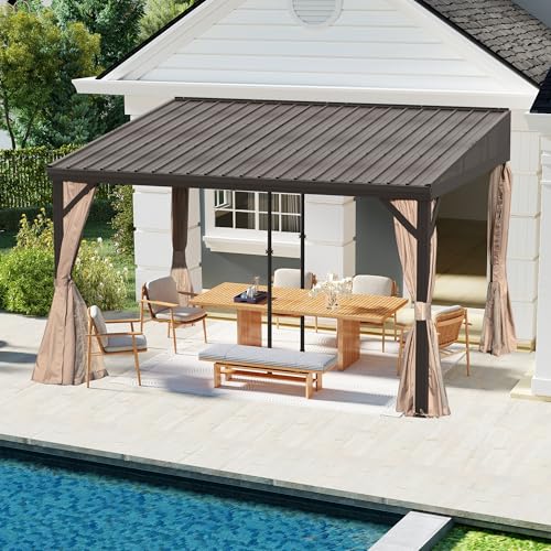 DOMI 10x12FT Lean to Gazebo with Aluminum Frame, Outdoor Hardtop Wall Mounted Gazebo with Sloping Galvanized Steel Roof, Netting Curtain for Deck, Porch, Backyard