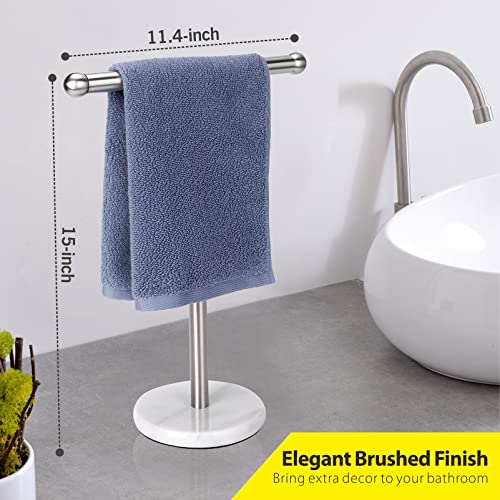 Hand Towel Holder Stand With Heavy Marble Base, T-Shape Towel Rack, Free-Standing For Bathroom Vanity Countertop, 304 Stainless Steel (Brushed Silver) #TOP2