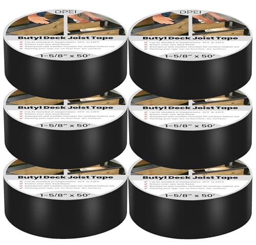 DPEI Joist Tape for Decking - Butyl Flashing Tape, 1-5/8' x 50' - Black, Weatherproof, Self-Adhesive, 6 Rolls