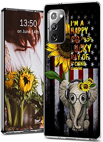 JEAOR Case Compatible with Samsung Galaxy Note 20 6.7 Inch 2020, 4 Corners Shockproof Full Body Protective Flexible TPU Bumper Cover Clear with Pattern, Sunflower&Elephant with Happy Go Lucky Quotes