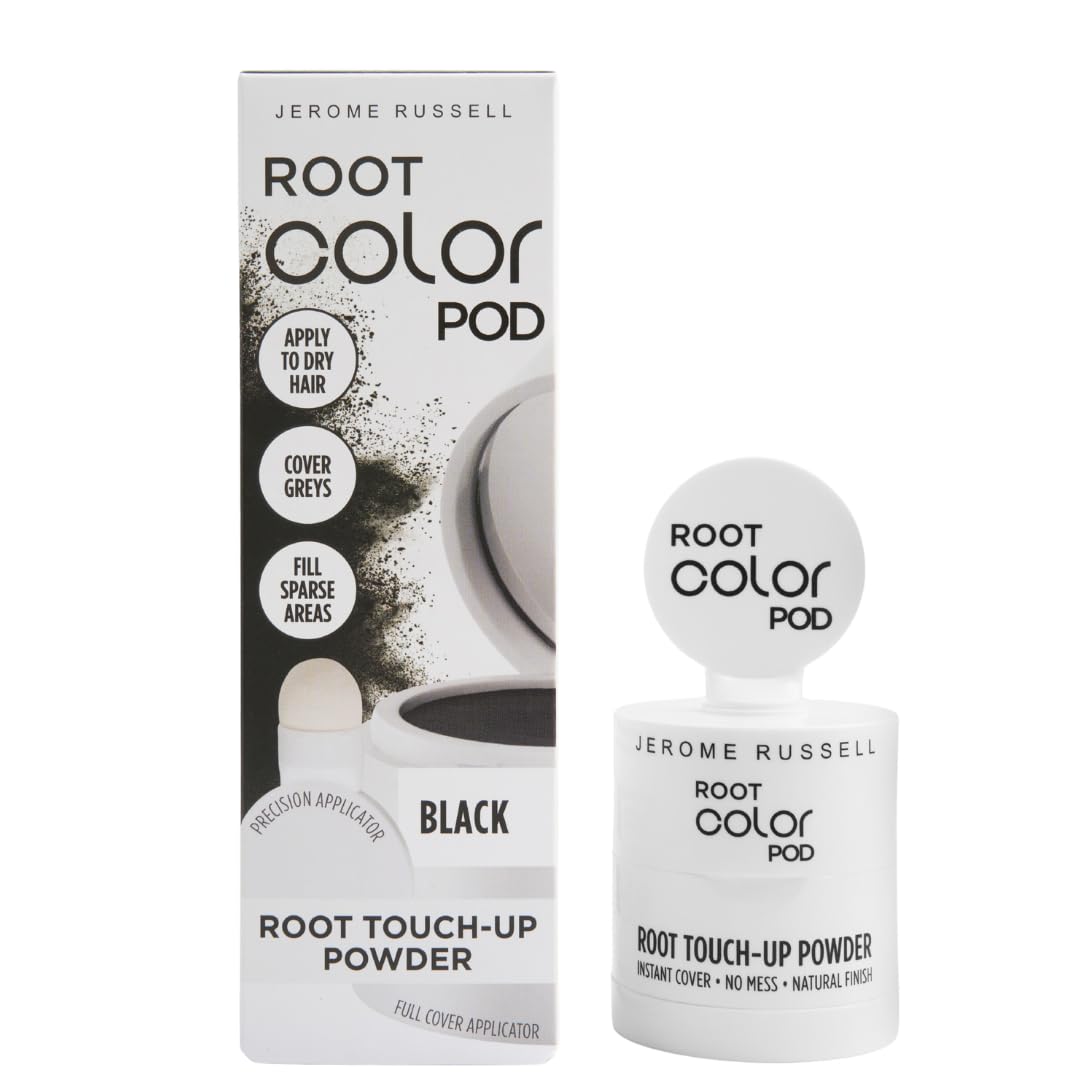 Jerome Russell Root Color Pod BLACK | Root Touch Up Powder | Instant Grey Coverage for Roots & Hairline | Thinning Hair Filler | Smudge Proof | Vegan | With Precision & Full Cover Applicators