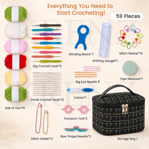 Image of KRENZ 59 Pcs Crochet Kit Set For Beginner Adults Kids Starter Kit Crochet Needles Set Crochet Kit Include 6 Yarn Crochet Hooks Stitch Markers Storage Bag All In One Crochet Hook Set With Crochet Yarn (Black Gold Chex)