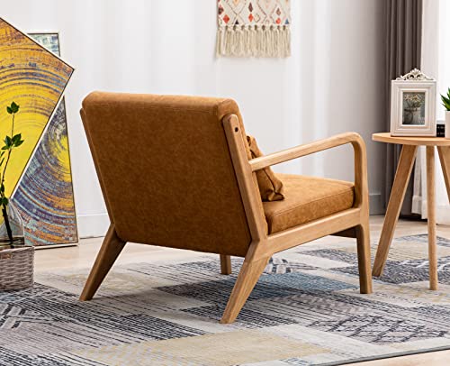 Kmax Leather Accent Chair, Living Room Reading Chairs Mid Century Modern Sofa Chair With Wood Frame Pillow Upholstered Comfy Armchair, Orange #TOP3