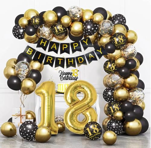 Decoration Anniversaire 18 Ans Noir Or, Arche Ballon 18, Guirlande Anniversaire, Confetti Ballons, Décorations de Fête Noir Or pour 18 Ans Femme Homme