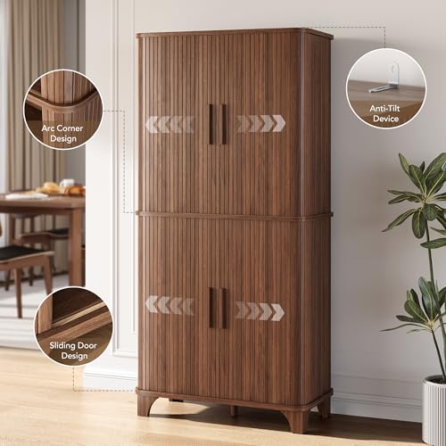 Image of Decofy 69 inch Tall Kitchen Pantry Storage Cabinet with Sliding Door, Modern Curved Edge Pantry Storage Cabinet with 5 Shelves, Cupboard for the Kitchen, Dining Room, Bedroom, Living Room, Office (Walnut)