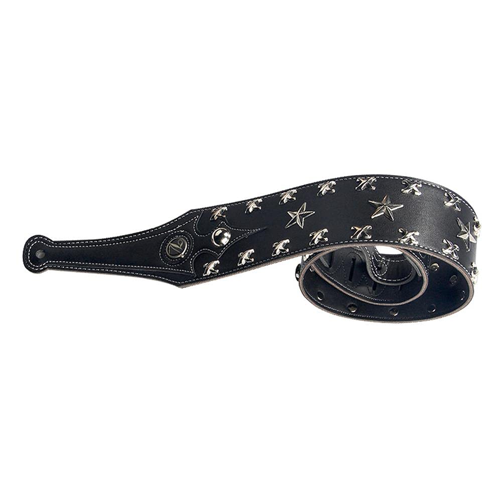 Gitarrengurt aus Rindsleder, verstellbar, genarbtes Leder, gepolsterter Schultergurt für Akustik-, E-Gitarre, Bass, Schwarzes Pentagramm, 6-7.5cm width