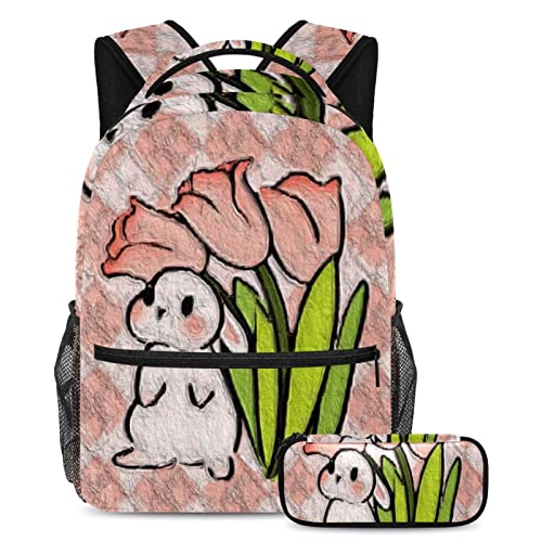 Sac à dos lapin multicolore grand volume avec trousse scolaire pour garçons et filles