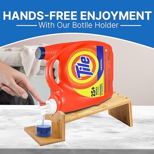 Image of Liquid Laundry Detergent Holder Stand with Tray & Strap - 2 Pack - Wood | Easy Pouring, Rubber Feet, Angled Stand, Fabric Softener Dispenser for Laundry Room Organization & Storage