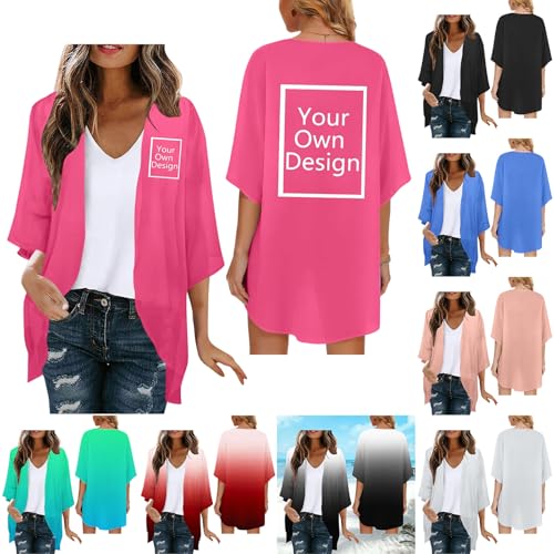 Personalisierte Kimono Damen Strand Bikini Cover Up Sommer Cardigan Bedrucken Lassen Dünne Strickjacke Selbst Gestalten Sommerjacke Leicht 3/ 4 Arm UV Shirt mit Foto Strandmode Heißes Rosa S