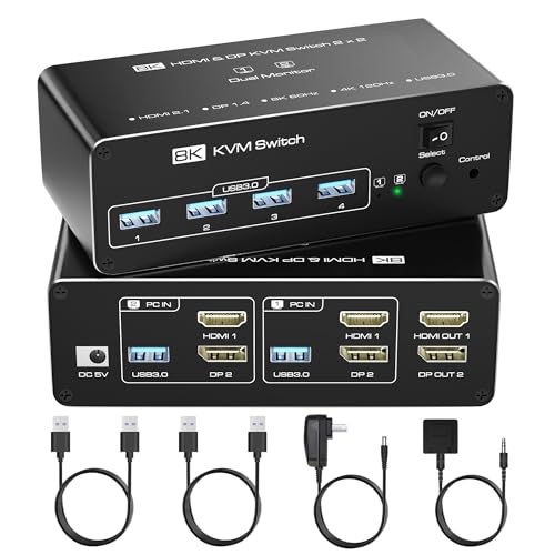 KVM Switch 2 Monitors 2 Computers, 8K@60Hz KVM Switch HDMI Extended Display, 4K@120Hz, KVM Switches for 2 Computers Sharing 2 Monitor, 4 USB 3.0 Devices Such as Keyboard, Mouse, Printer, Scanner