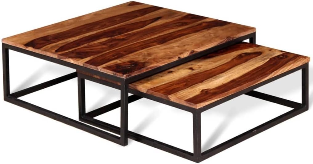 vidaXL Nesting Table Set of 2, Coffee Table with Iron Frame, Vintage End Table for Living Room Office, Industrial, Solid Wood Acacia